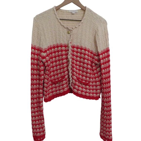 J.Crew Womens Sz M Red Cream Crochet Lady Jacket Cardigan Textured Knit Sweater - Picture 1 of 7
